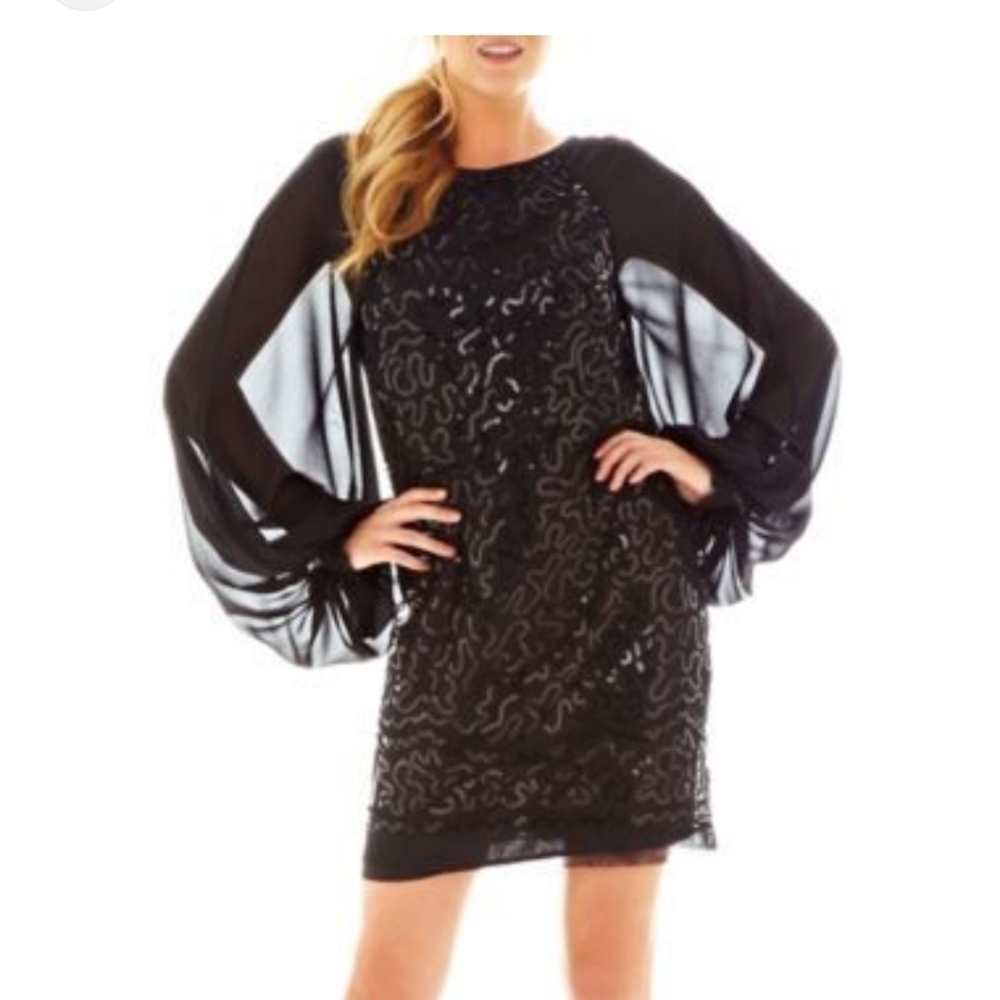 PEARL by Georgina Chapman Black Sequins Long Sleeves Flare Dress Size 12